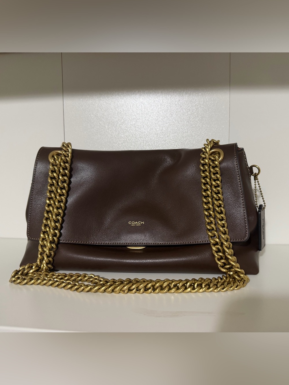 Coach Dark Brown Leather Shoulder Bag with Gold Chain Strap